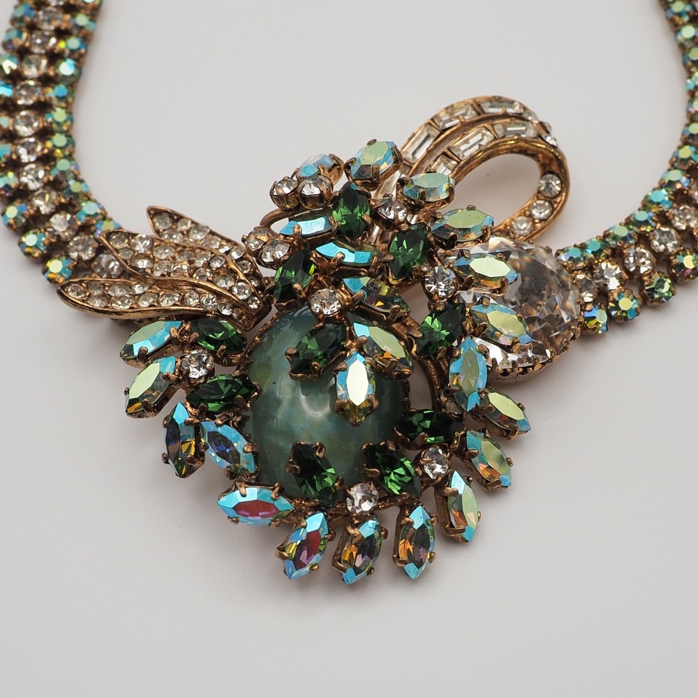 Austrian Green Cabochon AB Rhinestone Triple Row Bib Necklace Choker Vintage